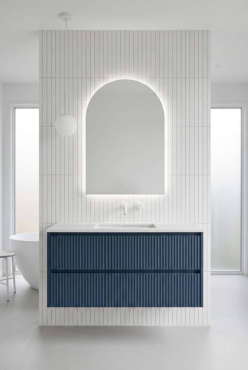 White Marble Linear Tile for Blue Bathroom Vanity BA1078