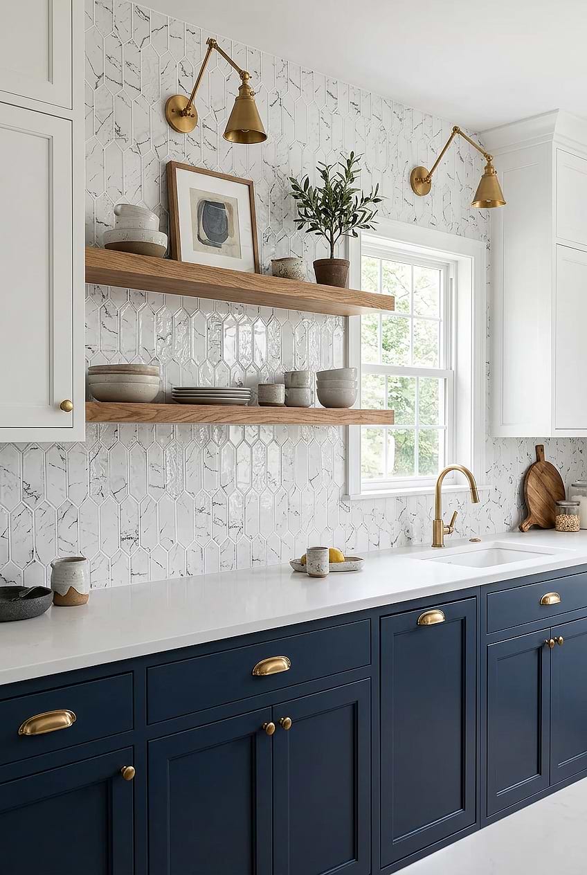 White Marble Look Glass Picket Kitchen Backsplash BA5504