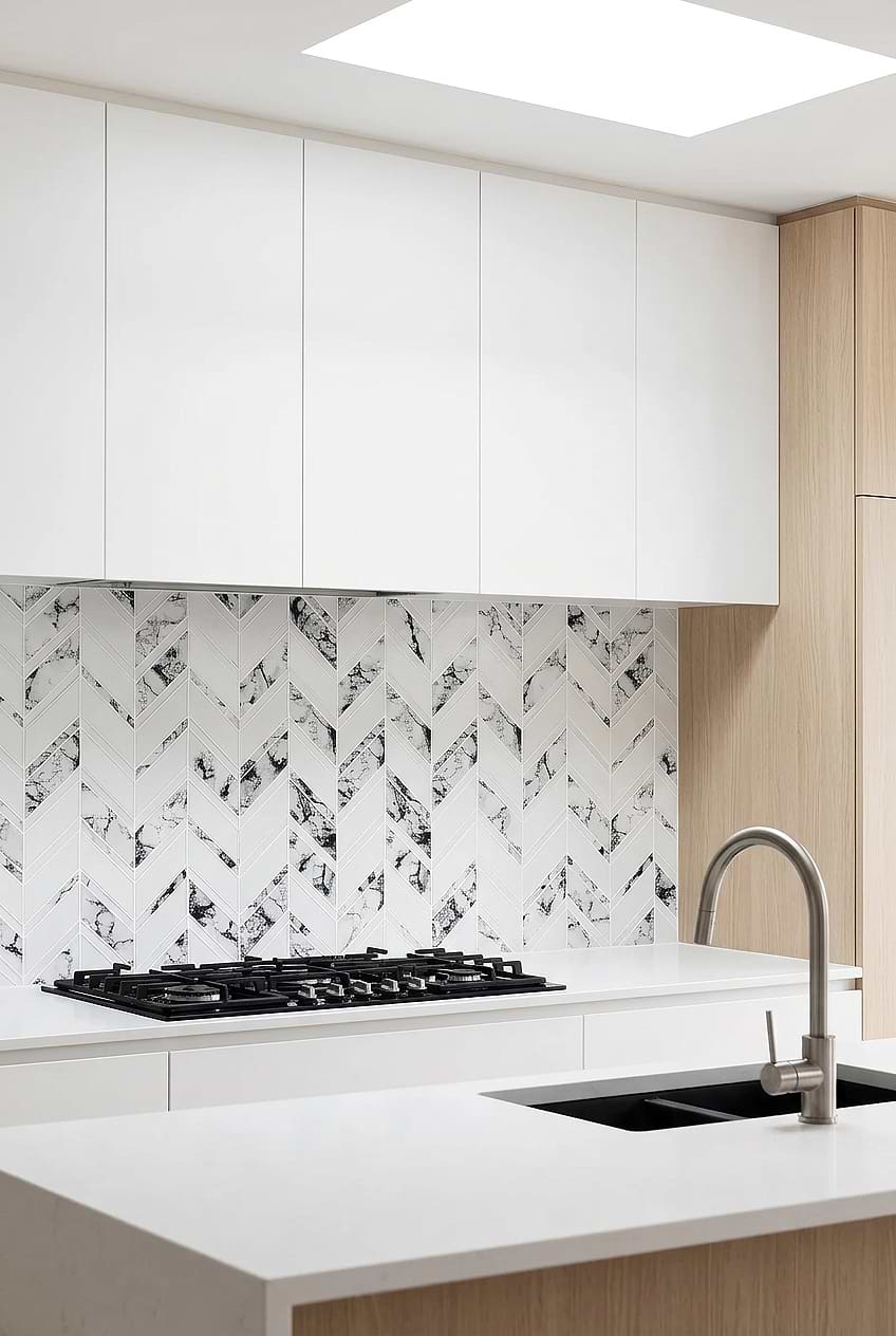 White Marble Look Glass Tile for Scandi Kitchen BA5506