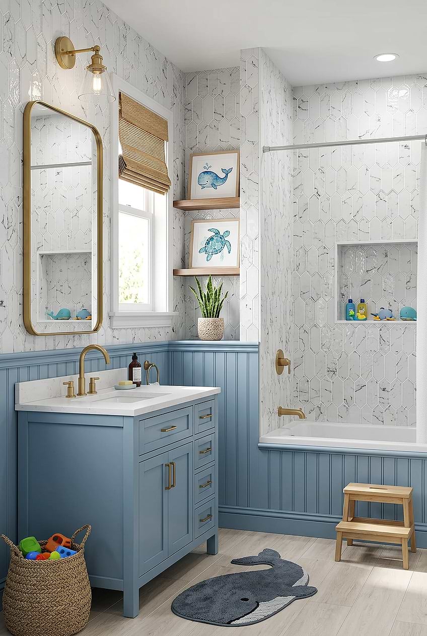 White Marble Picket Coastal Bathroom Tile BA5504