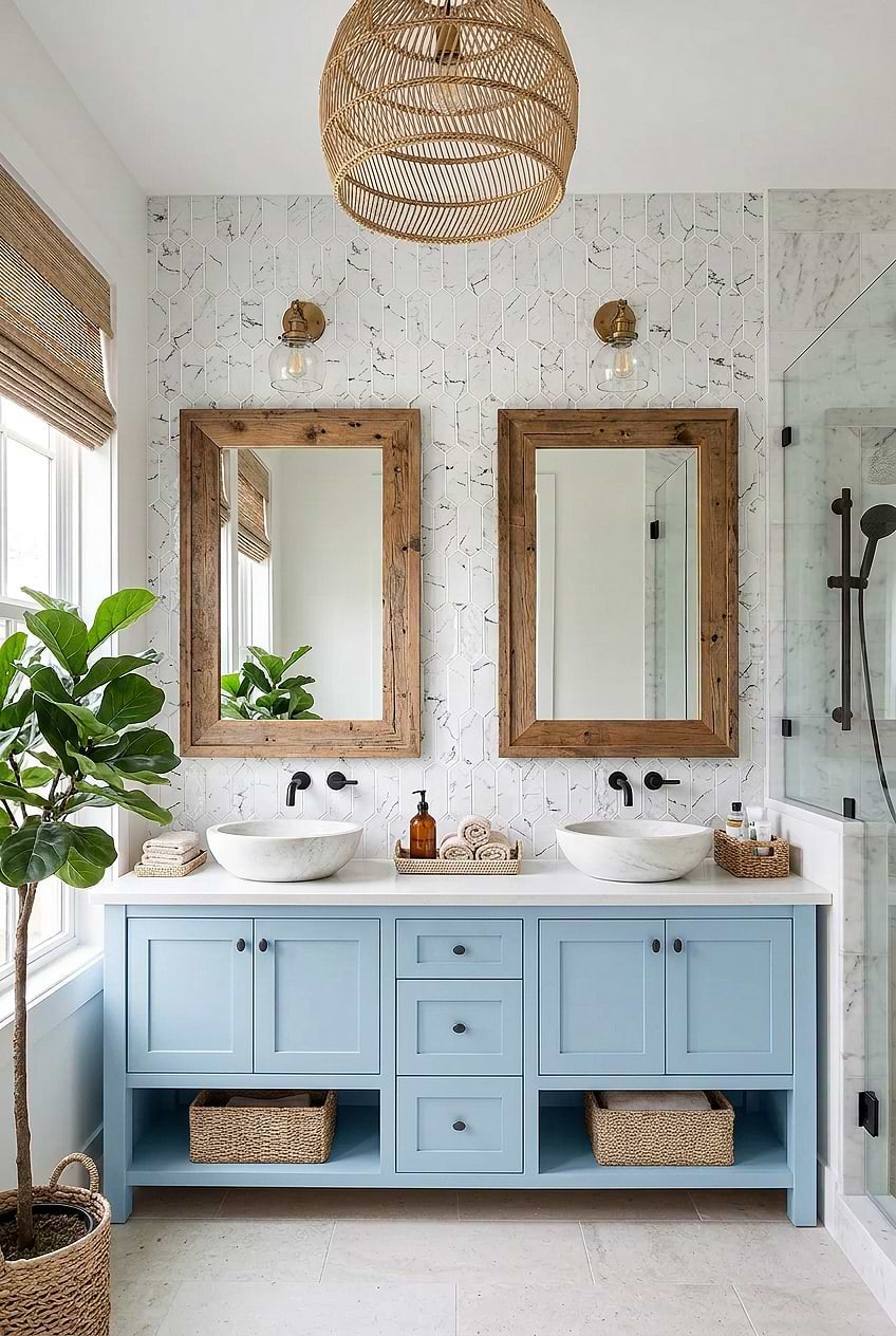 White Marble Picket Tile for Blue Vanity BA5504