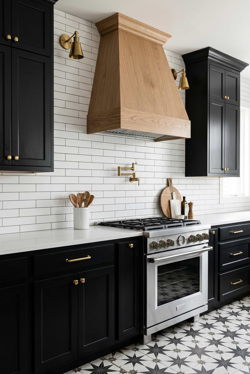 White Marble Subway Backsplash Black Cabinets BA6306