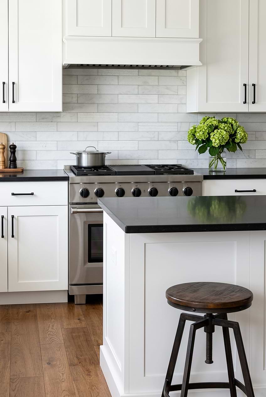 White Marble Subway Backsplash for Black Countertops BA8035