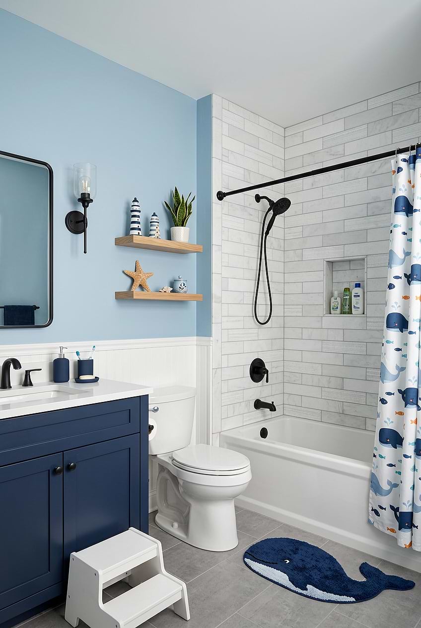White Marble Subway Blue Boys Bathroom BA8035
