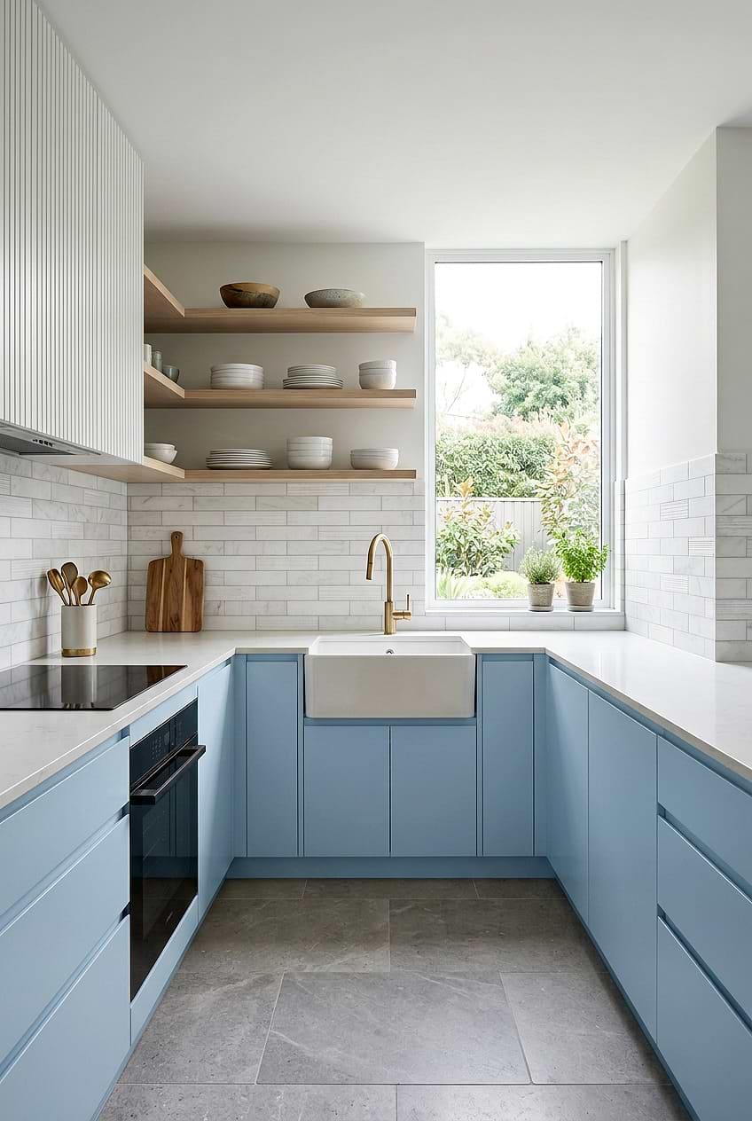 White Marble Subway Light Blue Kitchen BA8035