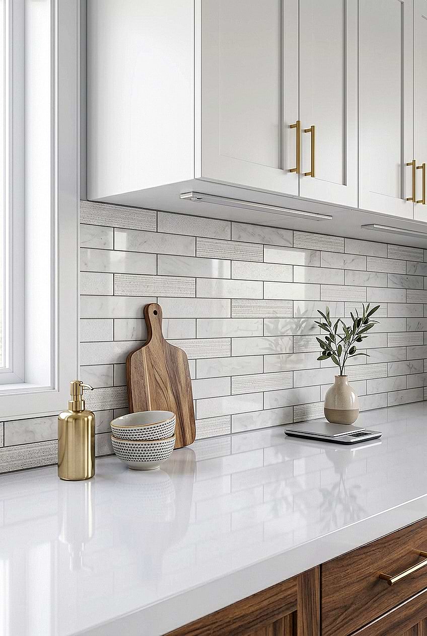 White Marble Subway Tile Kitchen Backsplash BA8035