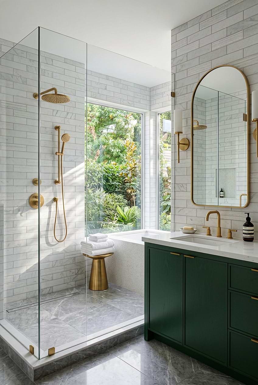 White Marble Subway Tile Shower BA8035