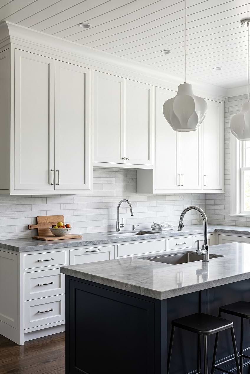 White Marble Subway Tile for Two Tone Kitchen BA8035