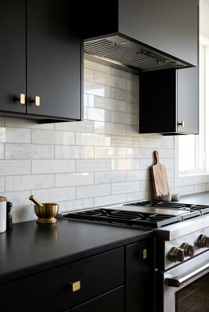 White Marble Subway Tile with Black Cabinets BA8035