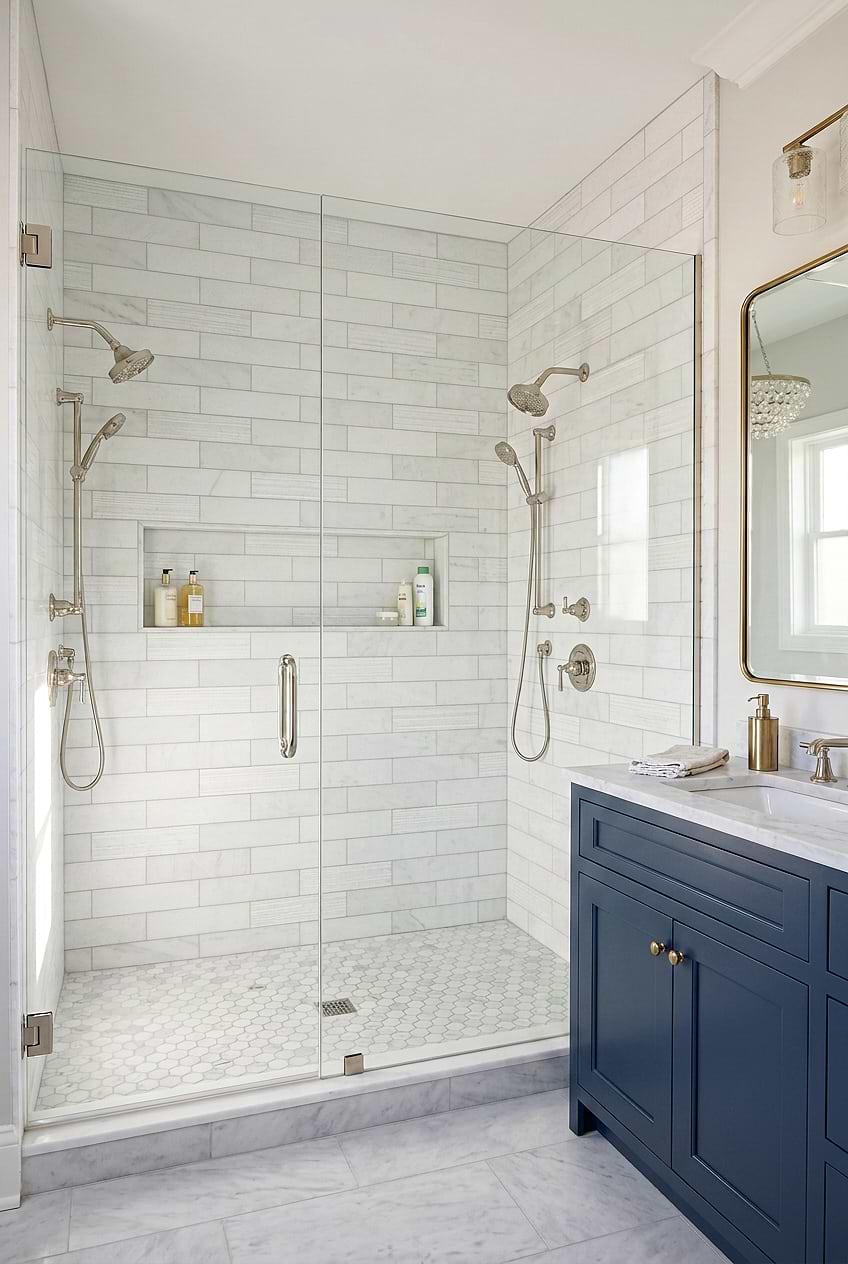 White Marble Subway Tile with Blue Vanity BA8035