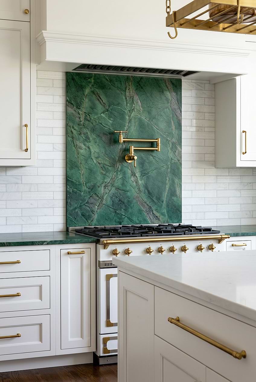 White Marble Subway Tile with Green Stone BA8035
