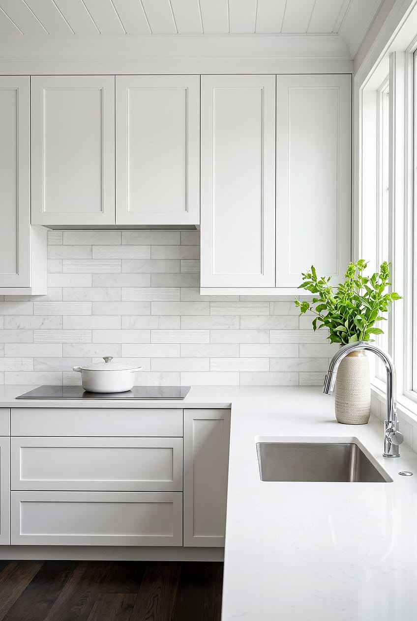 White Marble Subway Tile with Shaker Cabinets BA8035