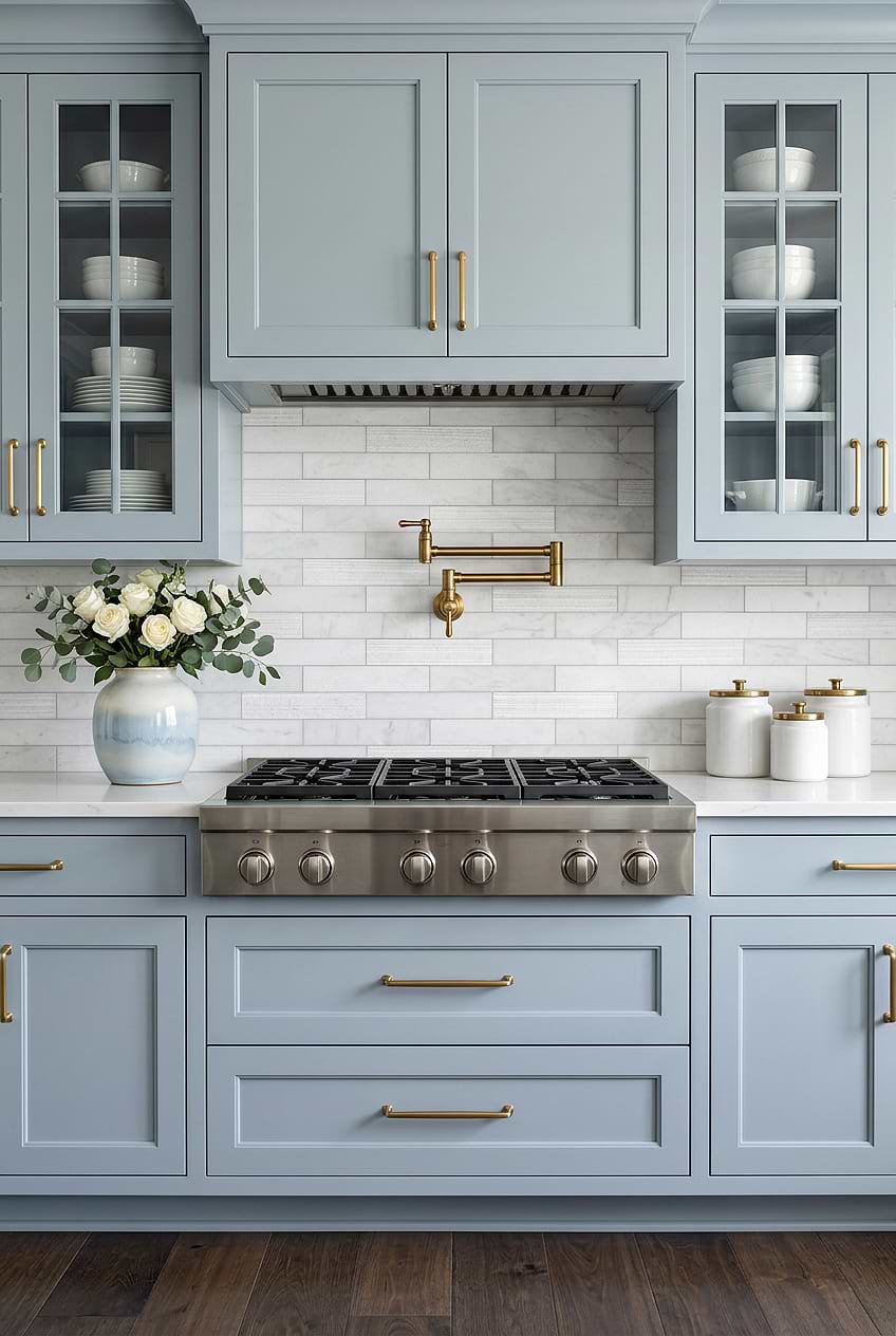 White Marble Subway Tiles for Blue Cabinets BA8035