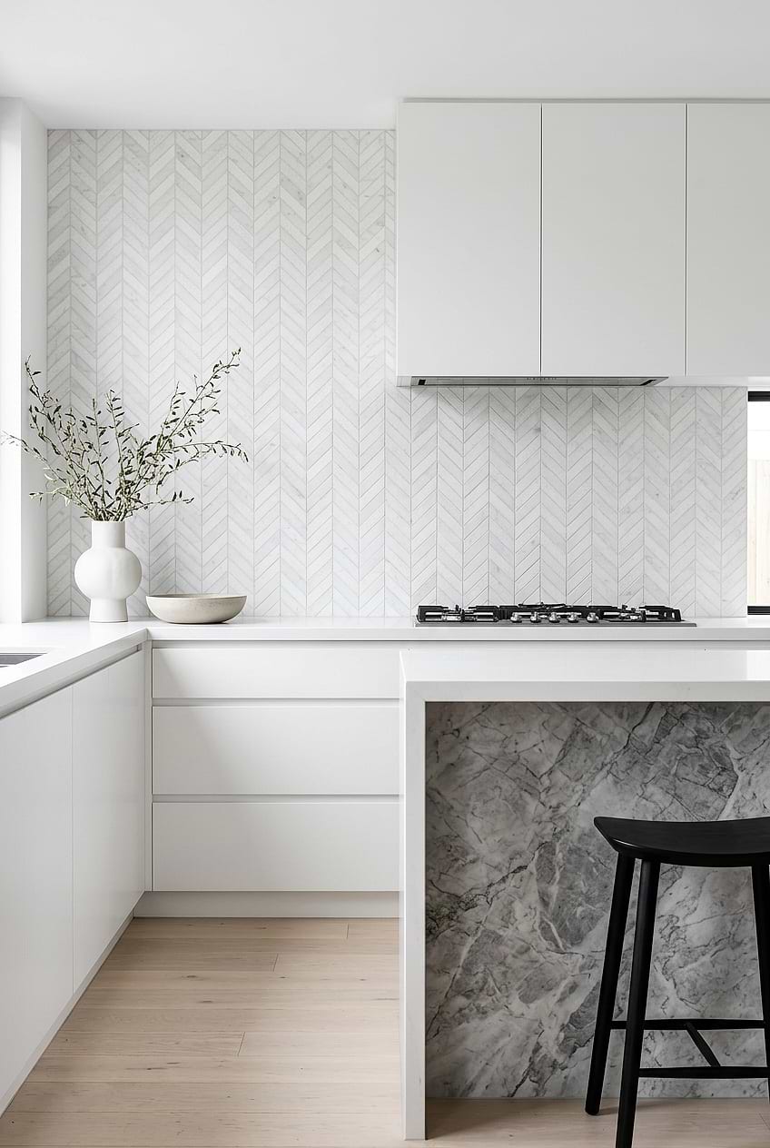 White Marble Textured Chevron Tile BA631613