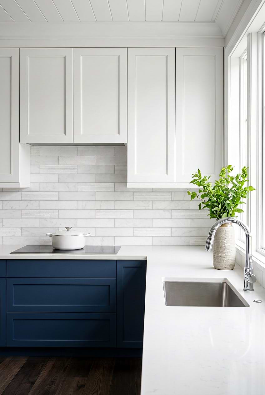 White Marble Tile Blue Cabinet BA8035