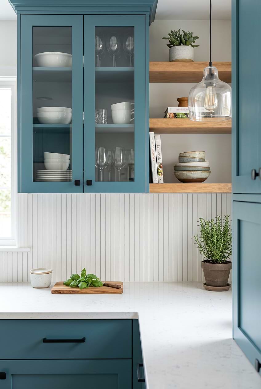 White Marble Vertical Backsplash Teal Cabinets BA1078