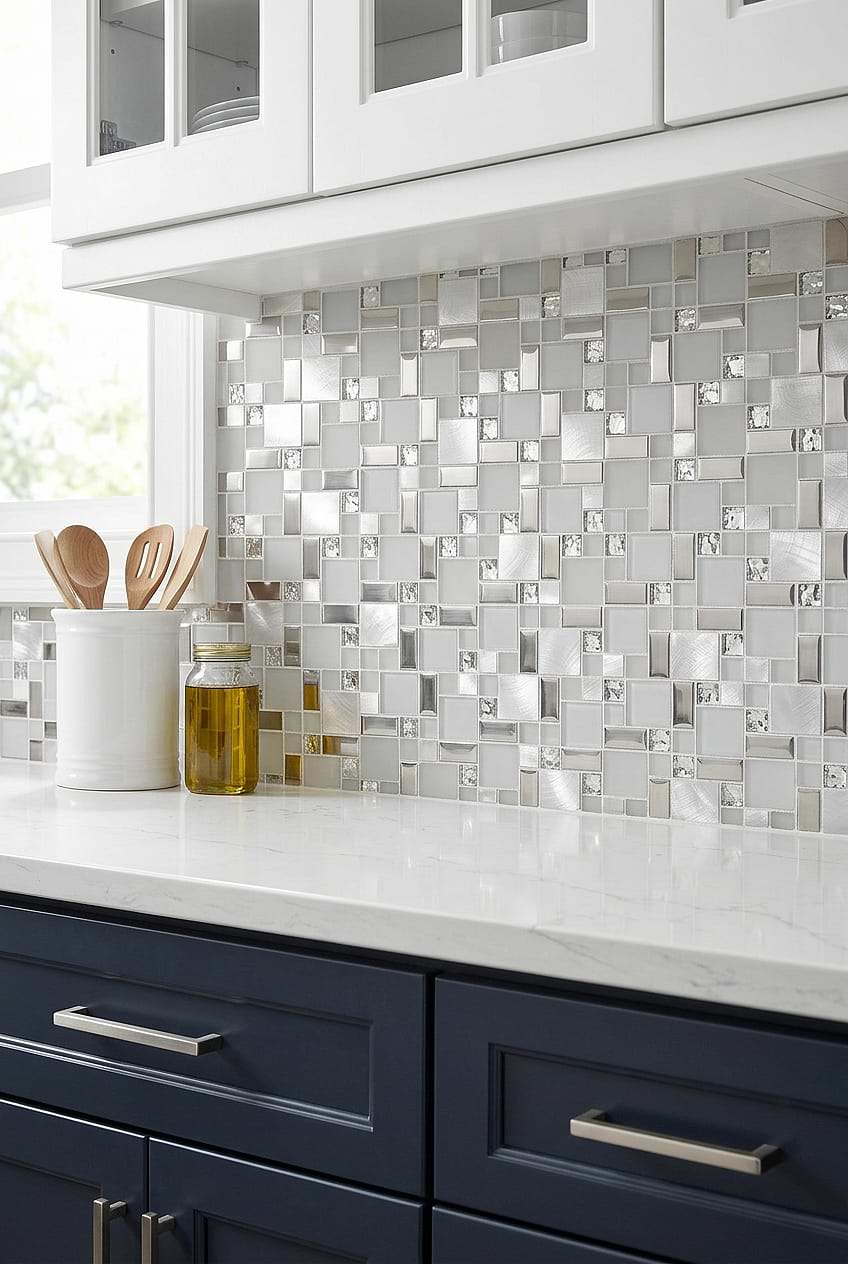 White Metal Glass Geometric Mosaic Backsplash BA1138