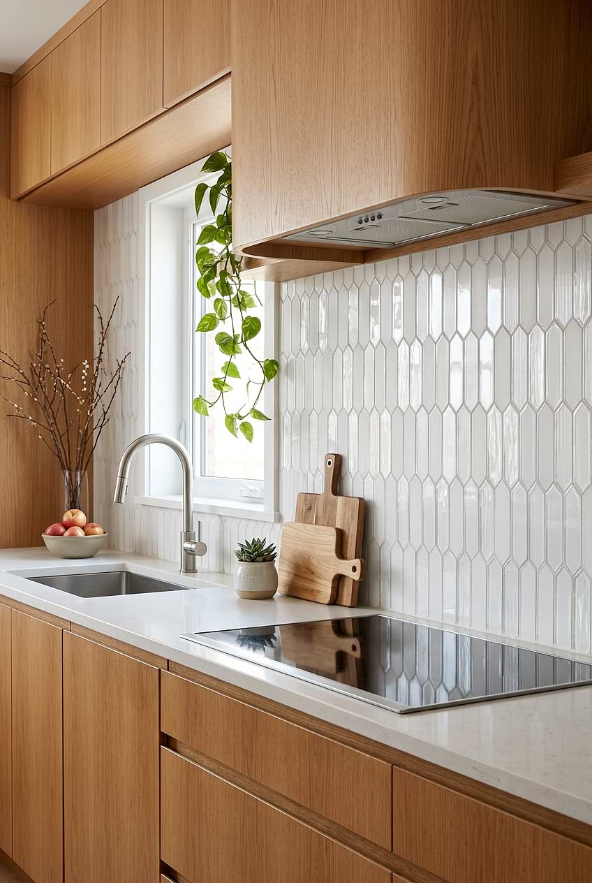 White Pearl Glass Picket Kitchen Backsplash BA6701