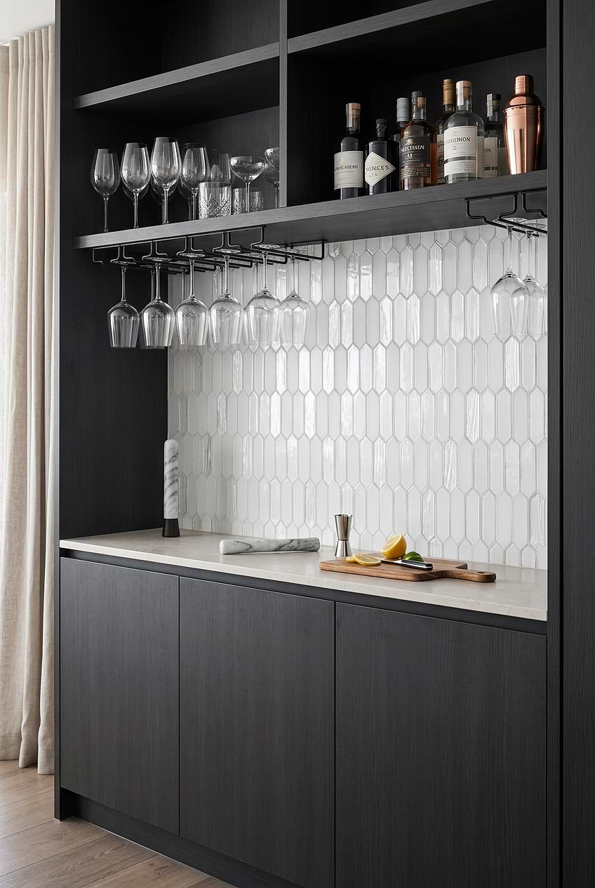White Pearl Picket Glass Home Bar Backsplash BA6701