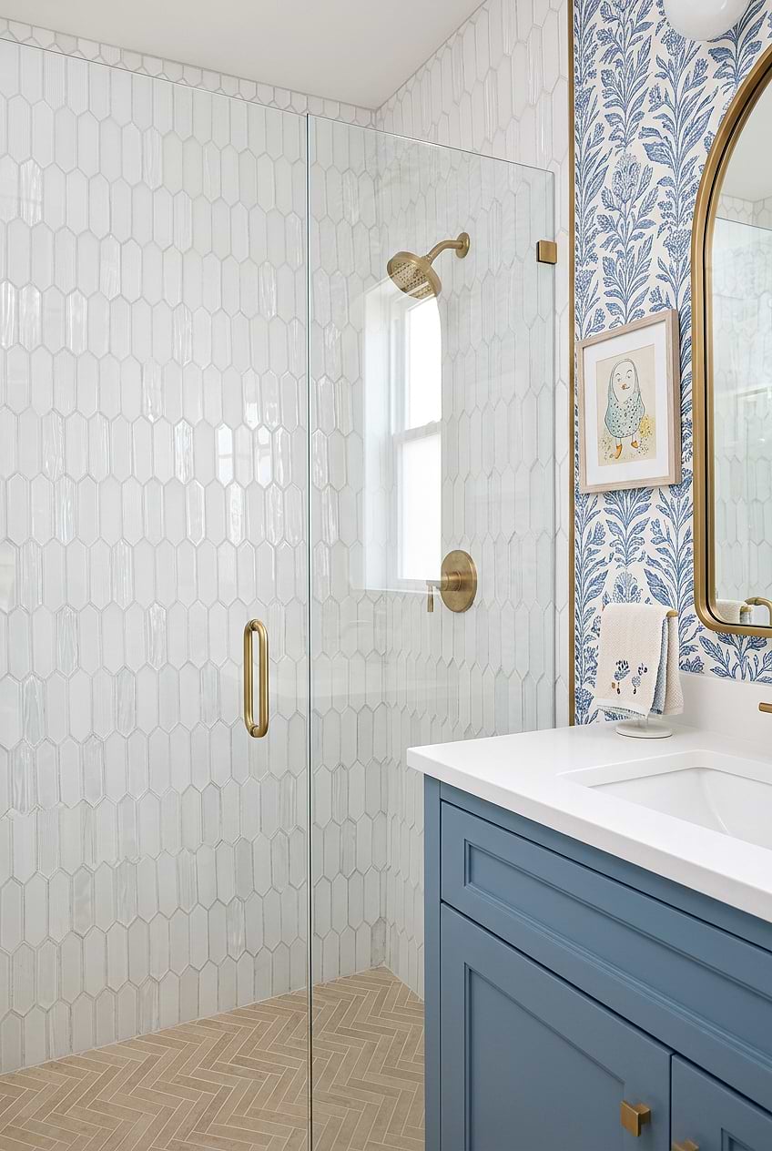 White Pearl Picket Tile Shower Wall BA6701