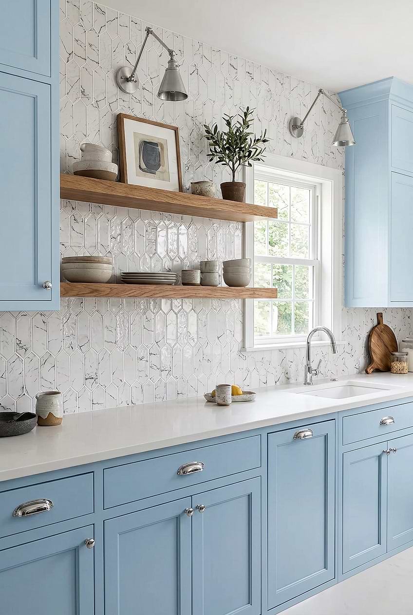 White Picket Glass Backsplash for Blue Cabinets BA5504