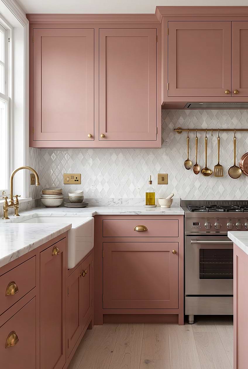 White Rhomboid Backsplash Pink Cabinets BA62046 White Rhomboid Backsplash Pink Cabinets BA62046