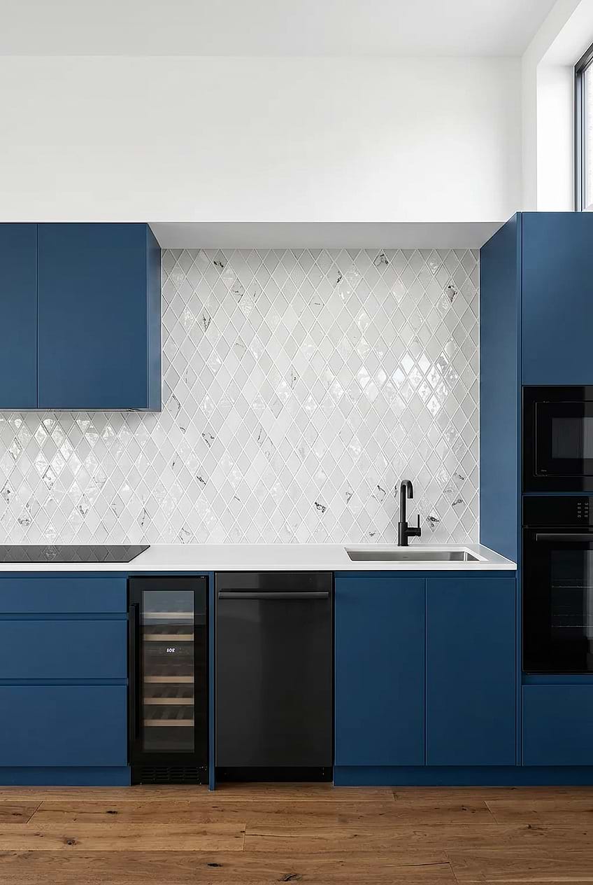 White Rhomboid Backsplash with Blue Cabinets BA5502