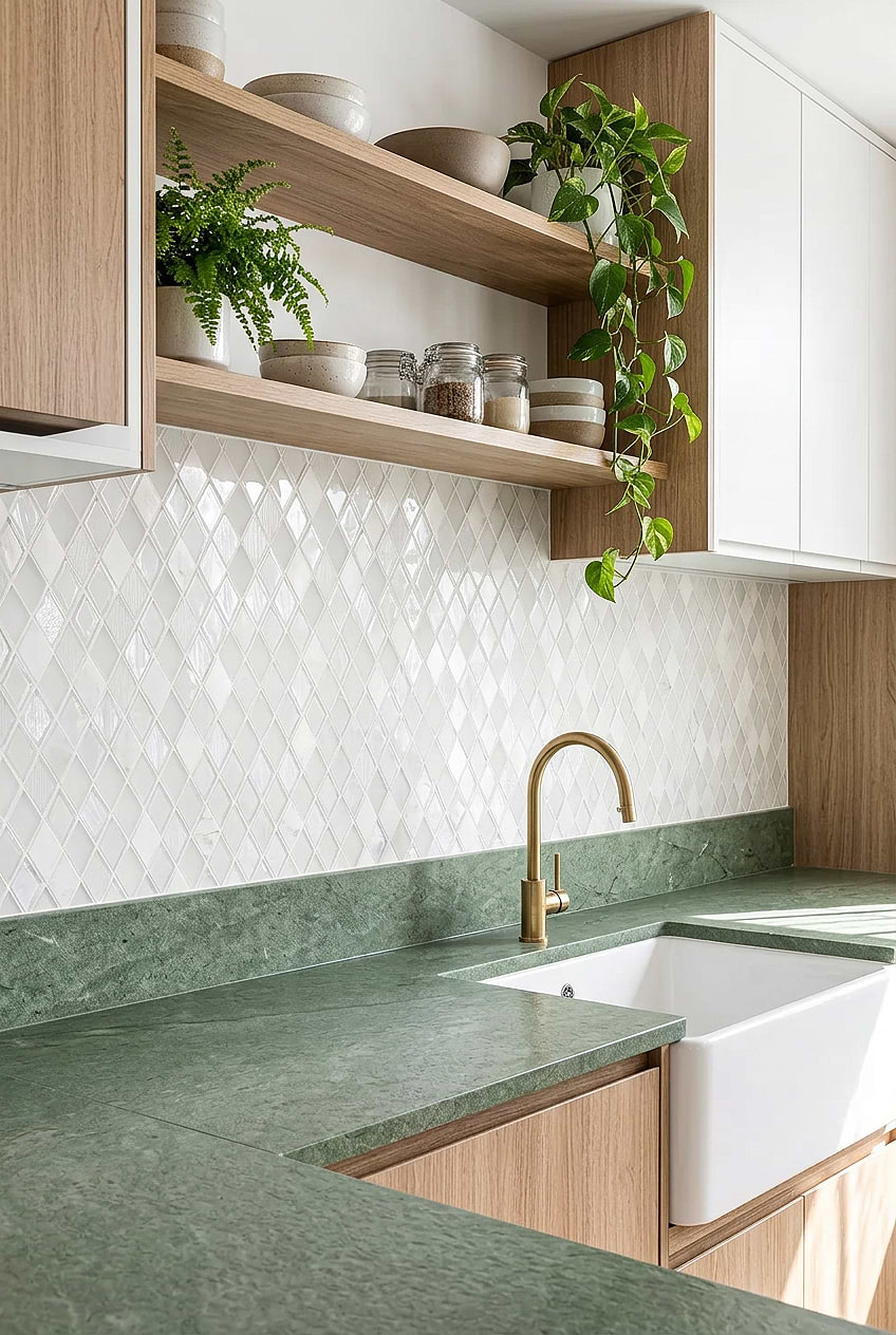 White Rhomboid Glass Marble Backsplash Green Slabs BA62046