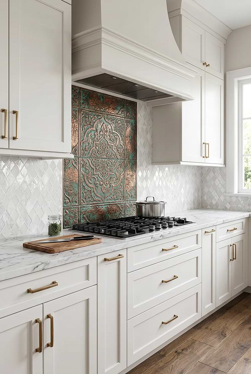 White Rhomboid Glass Marble Mosaic with Copper Accent BA62046