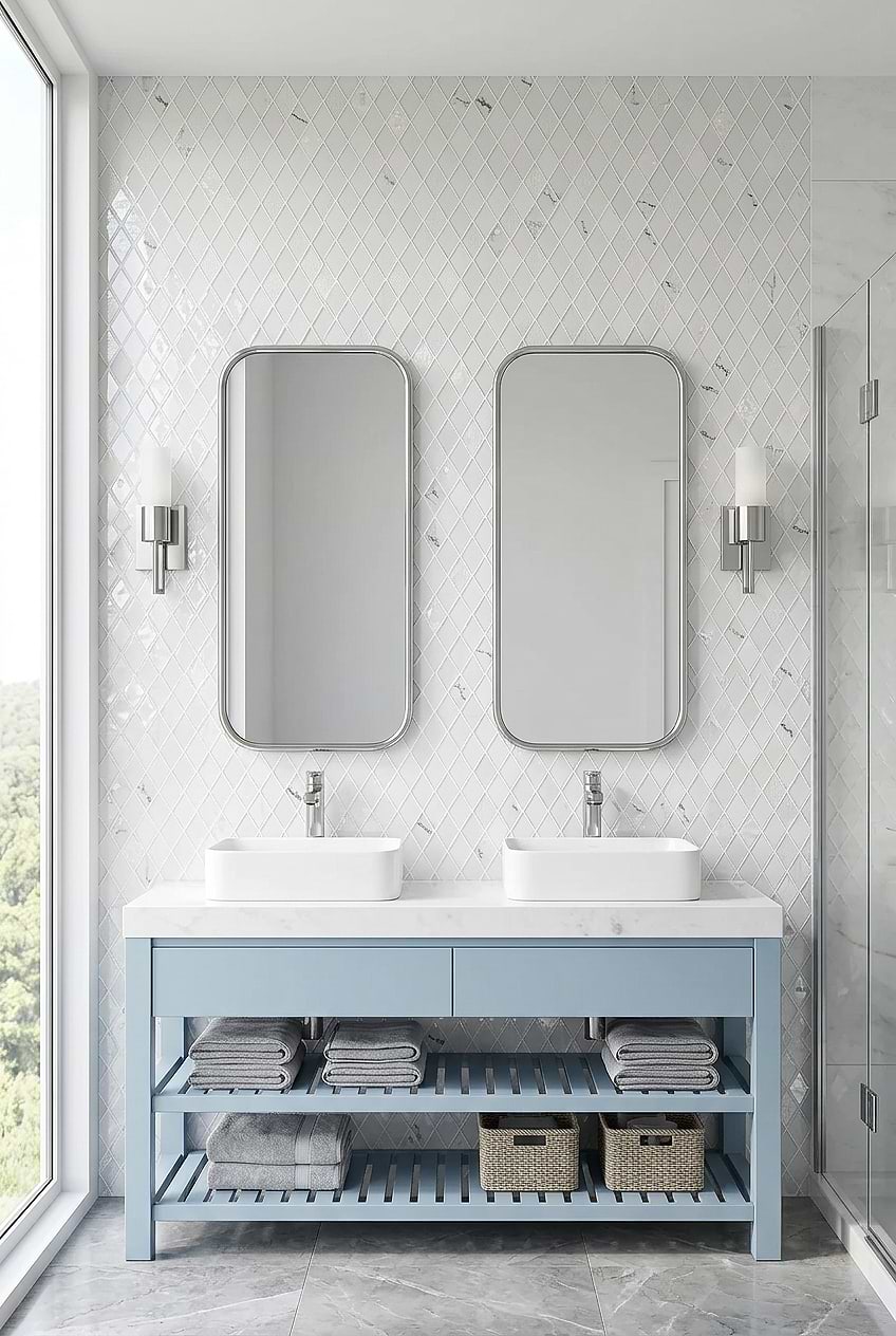 White Rhomboid Glass Tile for Blue Vanity BA5502
