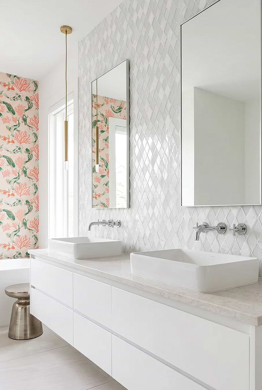 White Rhomboid Mosaic Bathroom Backsplash Tile BA62046