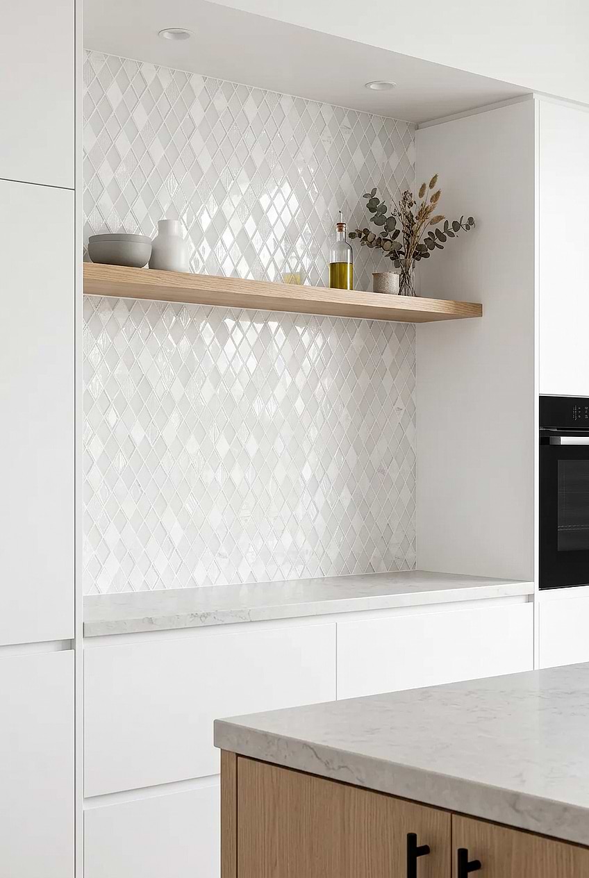 White Rhomboid Mosaic Scandinavian Kitchen Tile BA62046