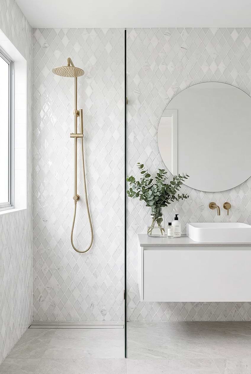 White Rhomboid Mosaic Shower Wall Tile BA62046