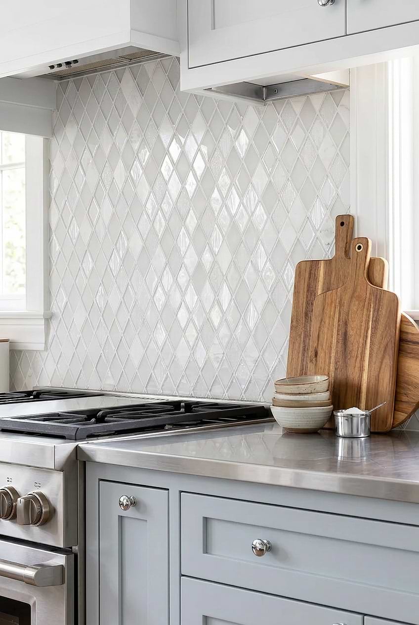 White Rhomboid Mosaic Stainless Countertop BA62046