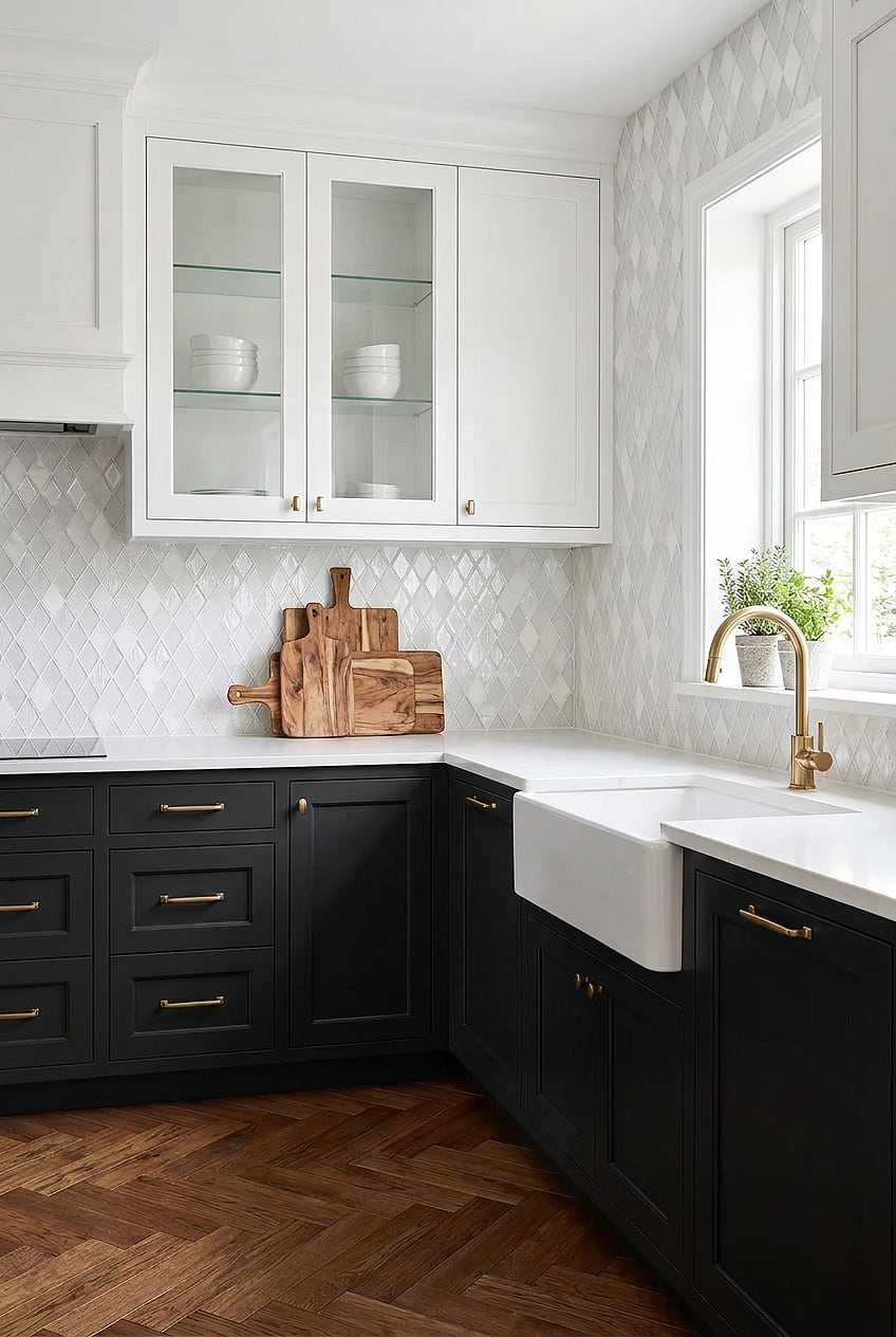 White Rhomboid Mosaic Tile Black Cabinets BA62046