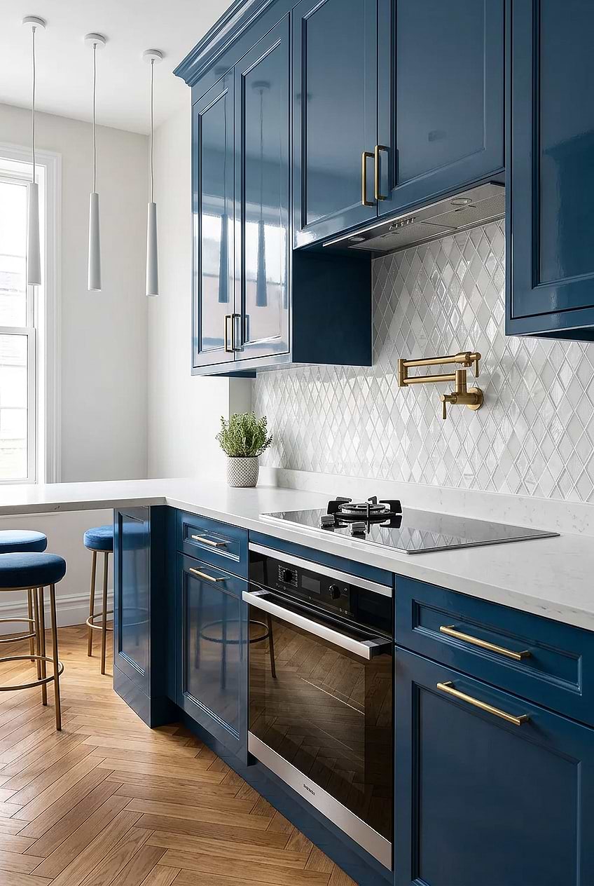 White Rhomboid Mosaic Tile Blue Cabinets BA62046