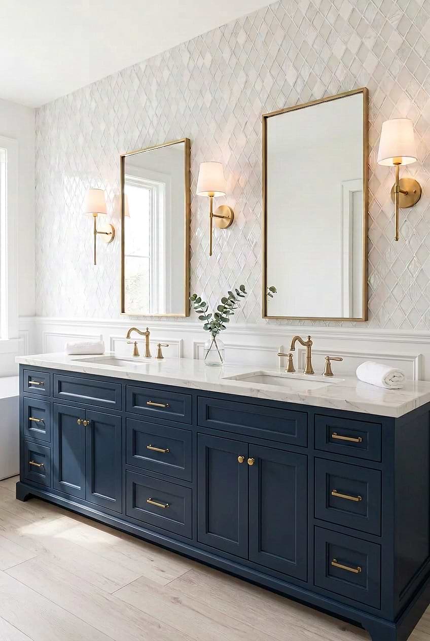 White Rhomboid Mosaic Tile Navy Vanity BA62046