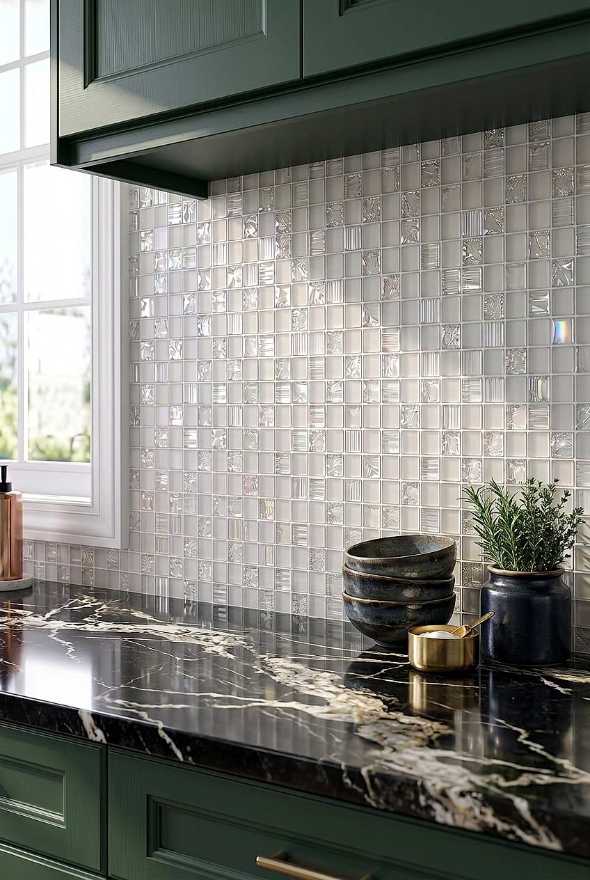 White Shell Crackle Glass Tile Green Cabinets BA6705