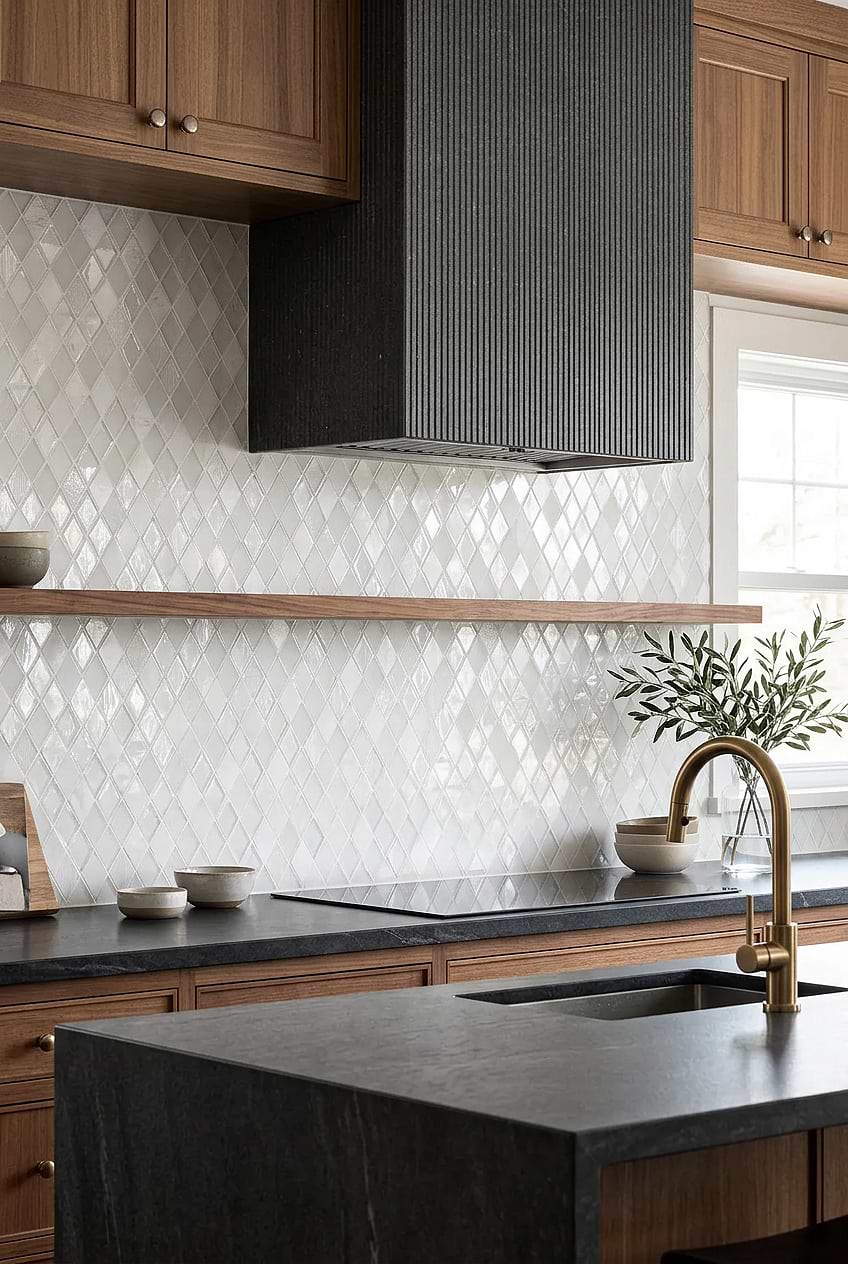 White Shell Glass Rhomboid Kitchen Backsplash BA62046