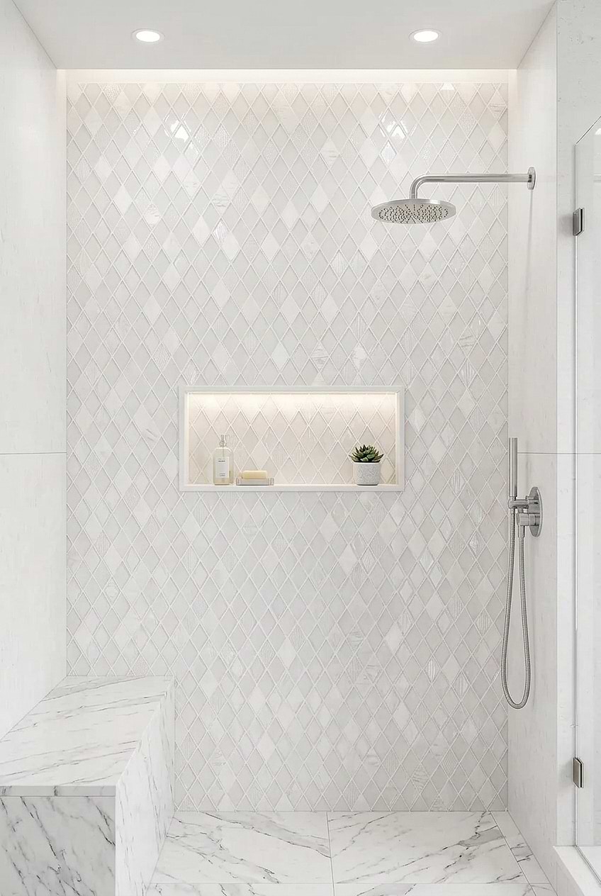 White Shell Glass Rhomboid Shower Tile BA62046