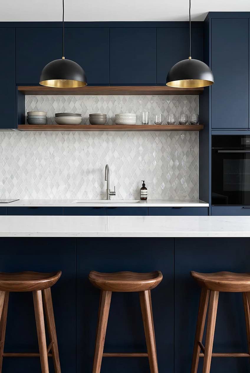 White Shell Tiles with Navy Cabinets BA62046