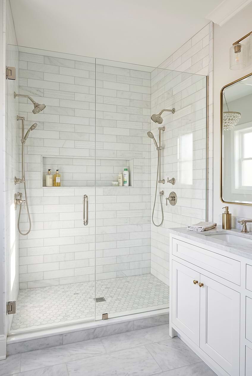 White Shower with Marble Subway Tiles BA8035