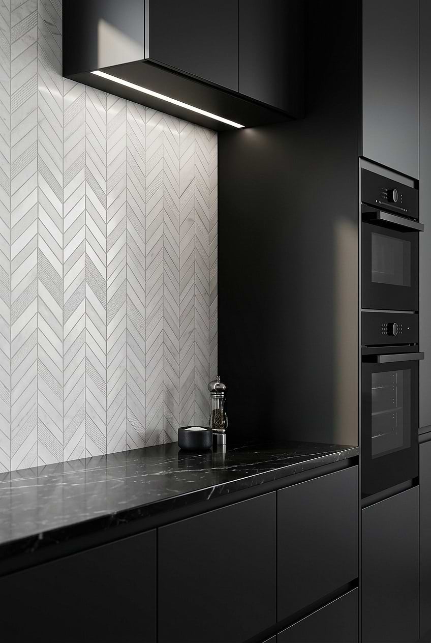 White Textured Marble Chevron Kitchen Backsplash BA631613