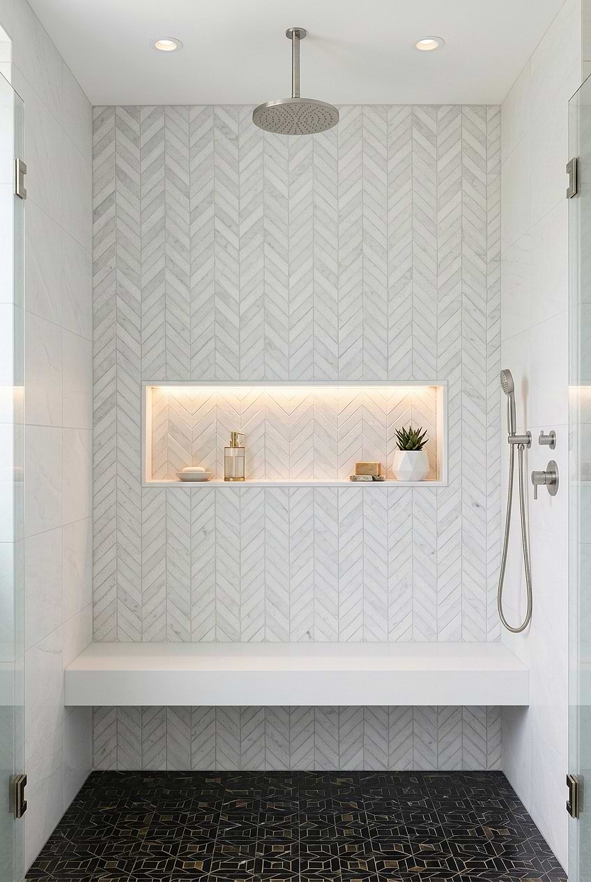 White Textured Marble Chevron Shower Tile BA631613