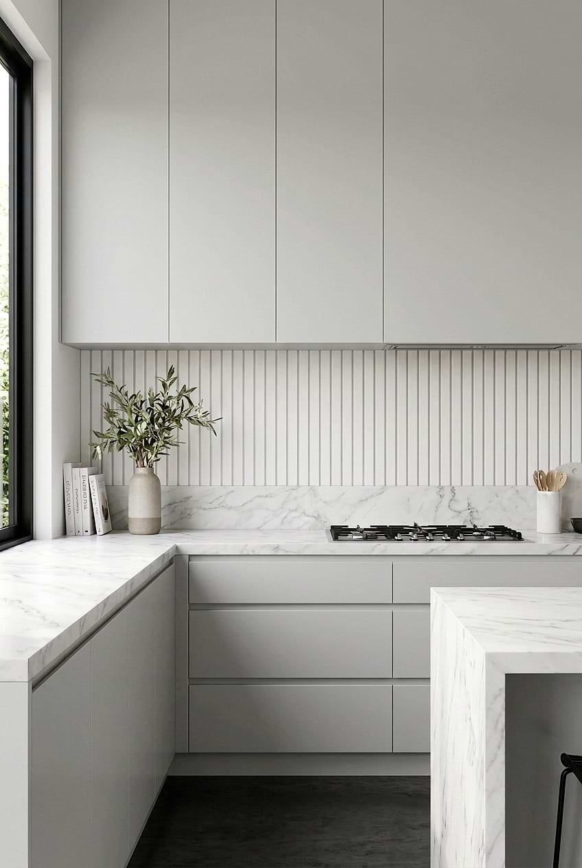 White Vertical Marble Mosaic Kitchen Backsplash BA1078