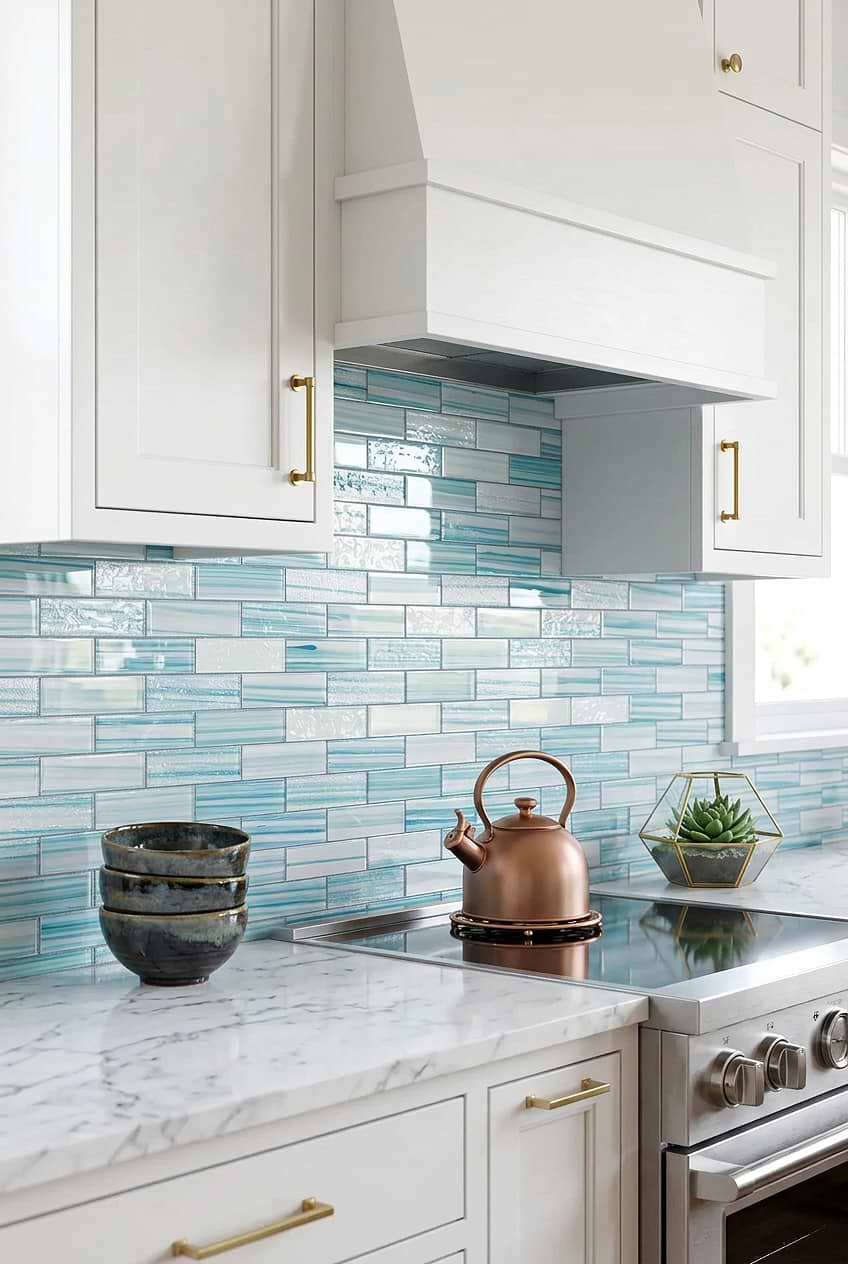 Aqua Blue Glass Subway Coastal Backsplash BA5563