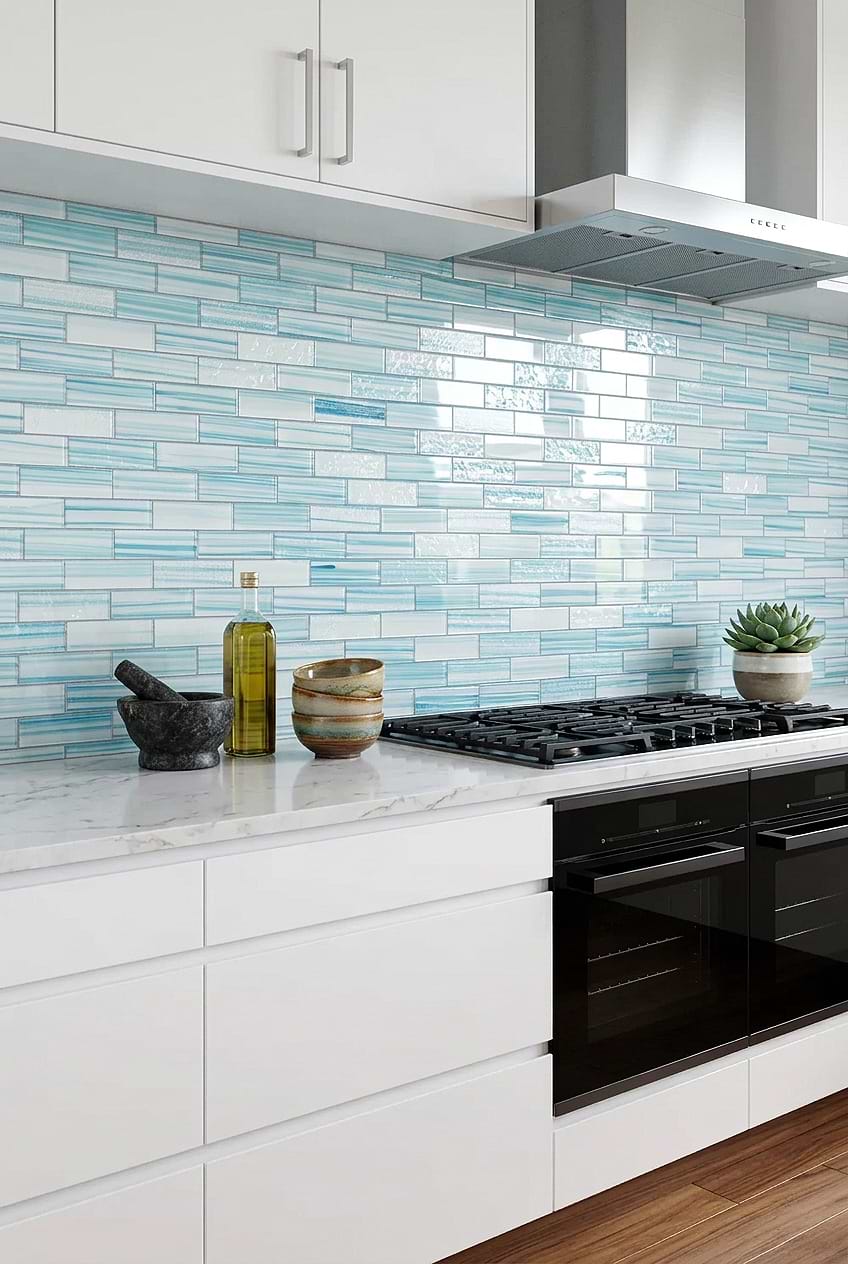 Aqua Blue Wave Glass Subway Backsplash Tile BA5563