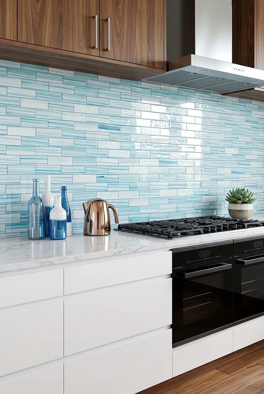 Aqua Glass Backsplash Tile Walnut Cabinets BA5563