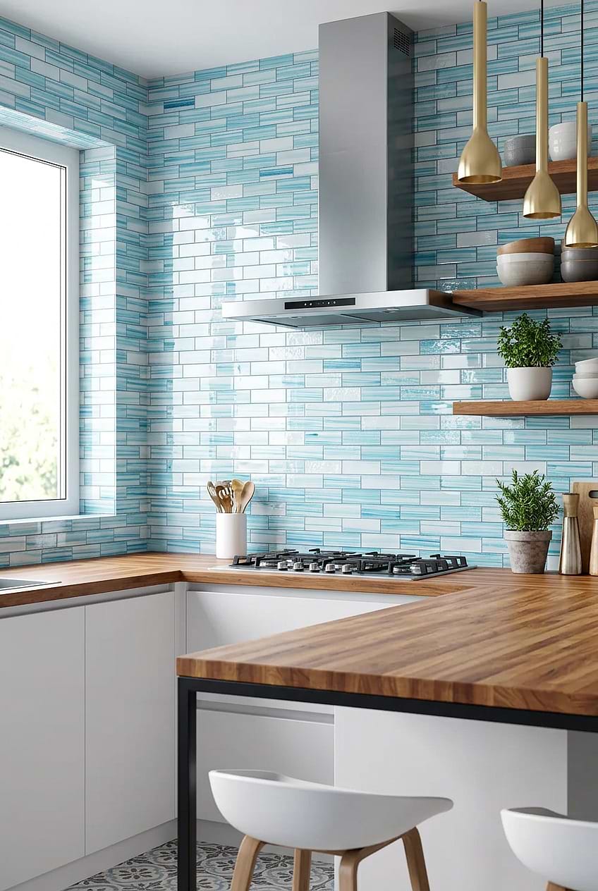 Aqua Glass Backsplash with Wood Countertops BA5563
