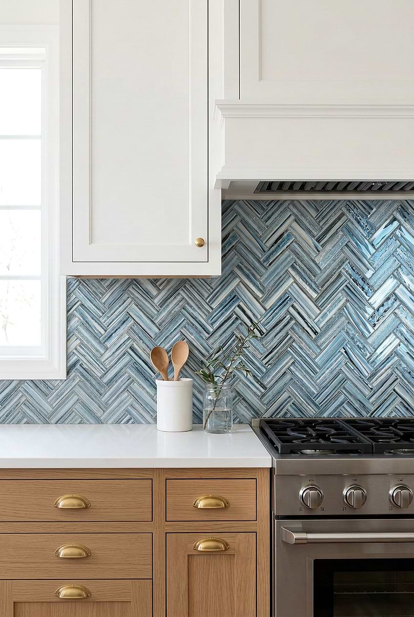 Arctic Blue Glass Herringbone Backsplash BA5525